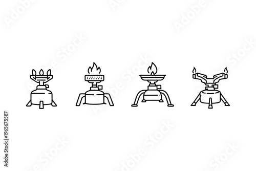Collection of four distinct camping stove icons with flames and different burner designs