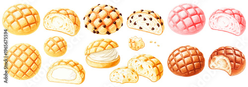 メロンパンの水彩風イラストセット｜プレーン・チョコチップ・クリーム入り菓子パン・ベーカリー・スイーツ素材