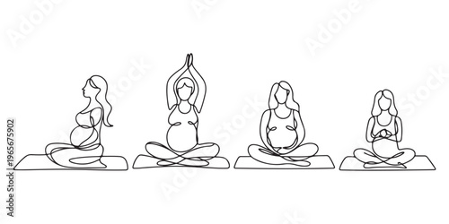 Pregnant women in different positions one line art. Continuous line drawing of pregnancy, motherhood, fitness, preparation for childbirth, yoga for pregnant women.