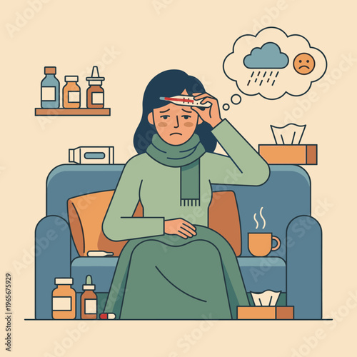 Woman with thermometer on forehead feeling unwell indoors