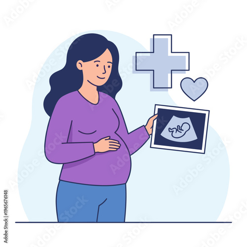 Pregnant woman holding ultrasound image with medical symbols