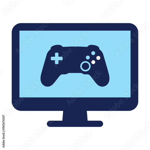 Vector of a computer monitor displaying a video game controller on the screen