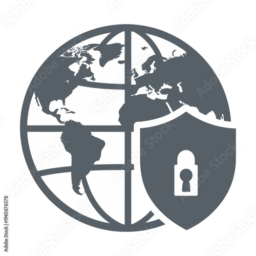 Vector of a globe overlapping with a shield and padlock symbolizing global security