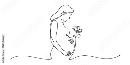 Continuous Line Drawing of Pregnant Woman with Flowers Elegant Line Art  drawing.