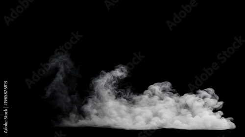 Swirling white smoke drifts horizontally with transitions from dense bright white on the right to wispy gray tendrils on the left on a black background