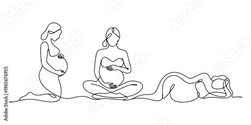 Pregnant women in different positions one line art. Continuous line drawing of pregnancy, motherhood, fitness, preparation for childbirth, yoga for pregnant women.