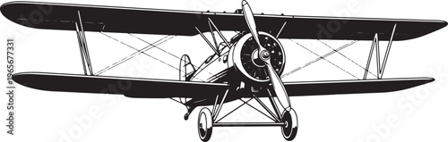 Vintage biplane silhouette with distinctive wing and propeller airplane aircraft black and white