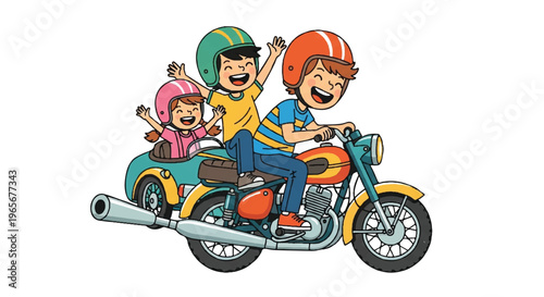 Children riding motorcycle cartoon illustration