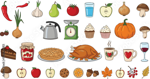 Cooking and Food Illustration Set Featuring Vegetables, Fruits, Drinks, Desserts, and Kitchen Tools for Recipe and Meal Preparation Designs