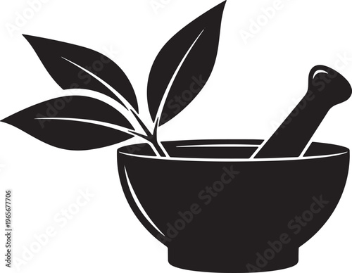 Black silhouette of mortar and pestle with leaves in bowl