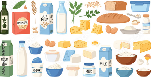Dairy and Food Ingredient Illustration Set Featuring Milk, Yogurt, Cheese, Olive Oil, and Bread for Cooking and Recipe Designs