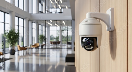 Modern security camera in bright office building hallway