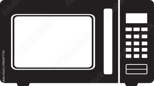 Black and white microwave oven silhouette with door and control panel on right side