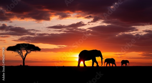 Silhouettes of elephants walking at sunset on African savannah