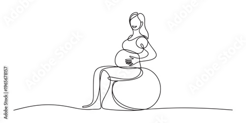 Single continuous line drawing pregnant woman sits on fitball. Sport training for women. Healthy lifestyle. Pregnant fitness girl. Fitness for pregnant women. Dynamic one line design graphic vector.