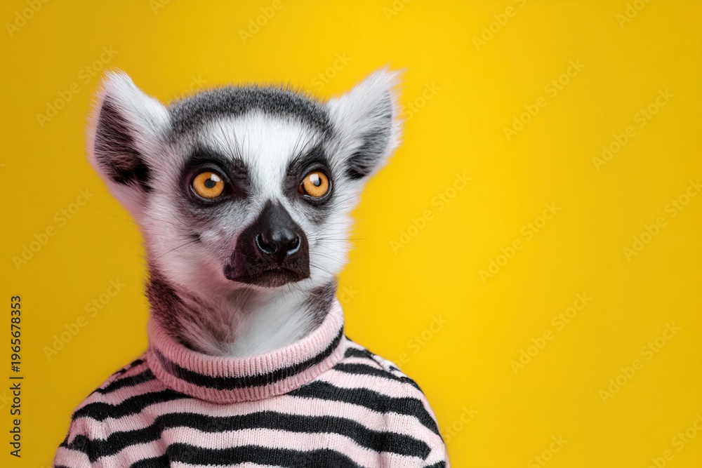 Fototapeta premium Lemur wearing striped sweater poses against yellow background