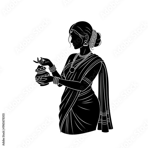 Indian woman, traditional dress, holding diya lamp, black silhouette, cultural icon isolated on White Background vector eps silhouette