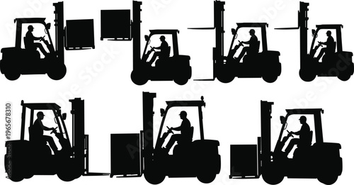 Forklift operator silhouettes lifting and placing pallets with boxes, warehouse industrial equipment handling training safety illustration vector set collection