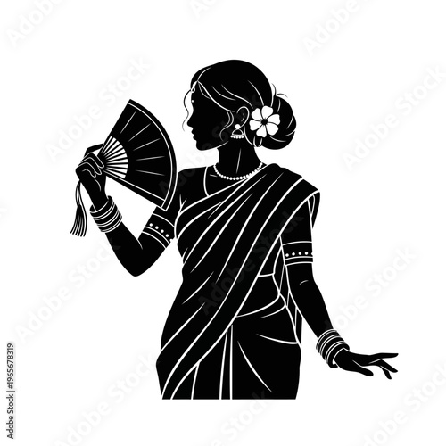 Indian woman, traditional sari, black silhouette, fan accessory, cultural icon isolated on White Background vector eps silhouette