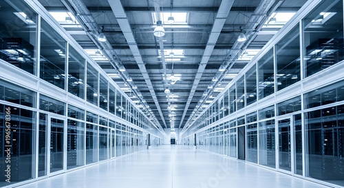 Modern data center interior with server racks and bright lighting