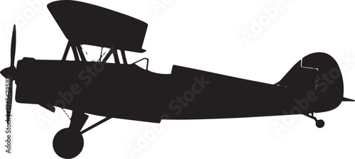 Black silhouette of vintage biplane with single propeller and two wings airplane