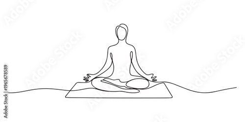 Continuous one line art vector illustration of a woman performing a plank exercise on a yoga mat. A line drawing of a person meditating in a lotus pose on a yoga mat, with hands resting.