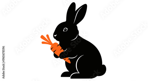 Black Rabbit Holding Orange Carrot - Minimalist Vector Illustration