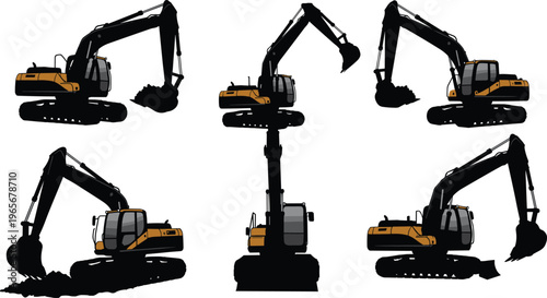 Hydraulic excavator vector illustration showing multiple views with detailed construction machinery design, heavy equipment industry, digging bucket and tracked vehicle”
