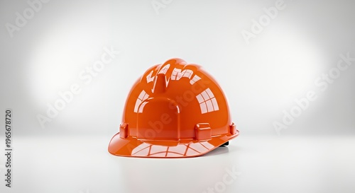 Orange construction safety helmet with reflective surface on white background