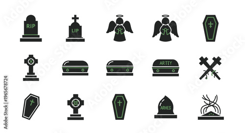 Funeral Icons: Tombstones, Coffins, Angels, Crosses, Grief, Death Symbols