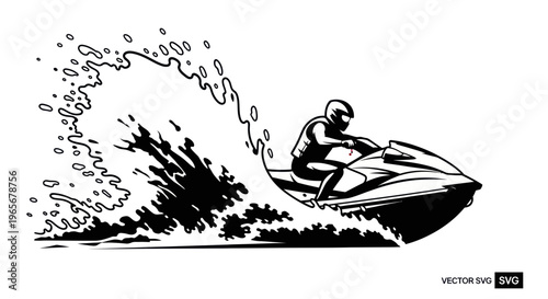 Jet Ski Rider Speeding Through Water Splash, Action Silhouette Vector