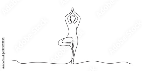 one continuous drawn line of yoga drawn from the hand picture silhouette. Line art. character female athlete. one line Icon drawing