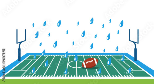 American Football Field in Rainstorm with Goalposts and Ball