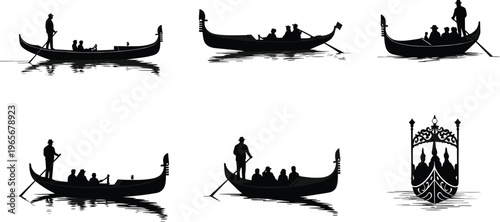 "Venetian gondola silhouettes with passengers and gondoliers on water, traditional boats reflections, cultural travel tourism vector illustration design"