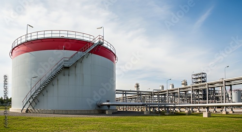 Large industrial storage tank in oil refinery with blue sky