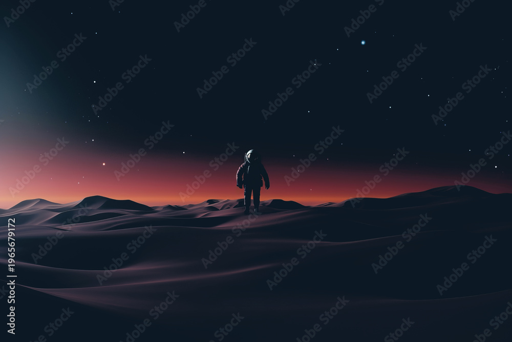 Fototapeta premium Astronaut walks on alien landscape with stars in the background at night