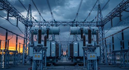 High voltage electrical substation at sunset with dramatic clouds