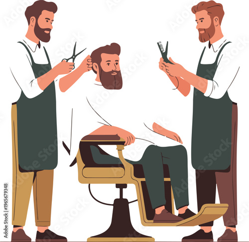 Friendly barbershop scene with two stylists grooming a smiling man, showcasing haircut, hair care, and professional salon service illustration