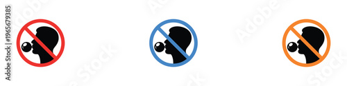 No bubble gum chewing prohibited sign set with male silhouette. Warning circle symbol for restricted areas. Vector Illustration.