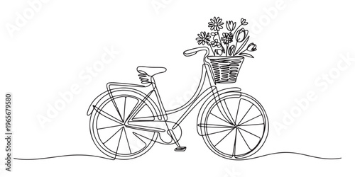 Continuous one line drawing of a vintage bicycle with a front basket full of blooming flowers, blending retro charm and natural elegance