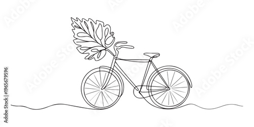 Single continuous line drawing e bike with a leaf on the rear tire and a cable plug on the front tire. Makes activities easier. Technology. National E Bike Day. One line design vector illustration