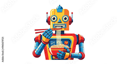 Cartoon robot enjoying noodles isolated on white