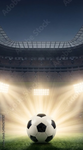 Soccer ball with stadium light rays creating energetic football background.