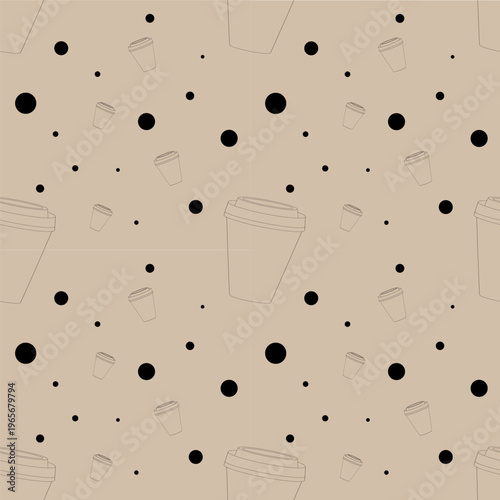 Seamless linear vector pattern of coffee cups and circles on a beige background