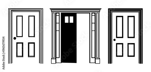 Front door icon set with solid black icon on white background featuring front door, black line, simple vector with minimalist and outline