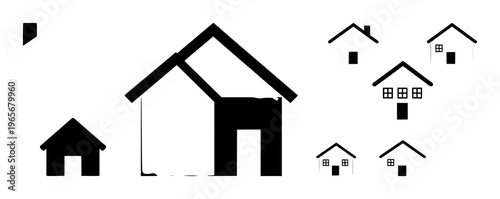 Solid black icon, white background: real estate agent icon set with simple line art design featuring sketches, drawings, vector graphics with minimalist and simple illustrations