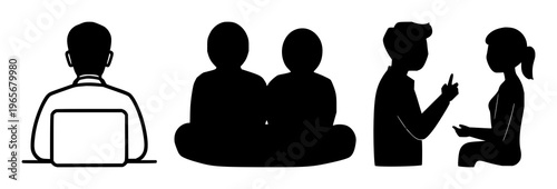 Tutoring one-on-one icon set with solid black design on white background featuring education, instruction, student with teacher and learning