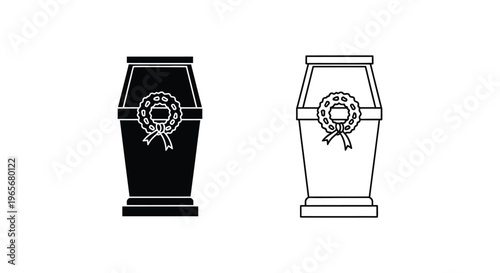 Minimalist coffin icons with funeral wreath, black and white casket vector set, burial and mourning symbols for memorial services