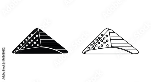 Folded American flag icons in black and white, ceremonial burial flag vector set, patriotic memorial service symbols for veterans and military honors
