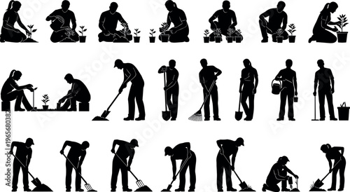 Set of silhouettes depicting diverse people gardening planting trees watering flowers digging soil and using agricultural tools for outdoor landscaping.